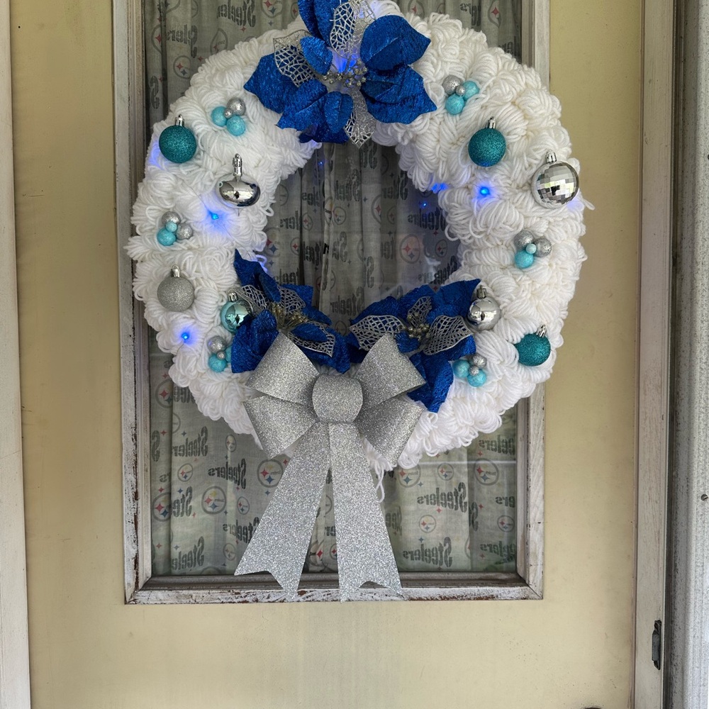 Festive White and Blue Holiday Wreath